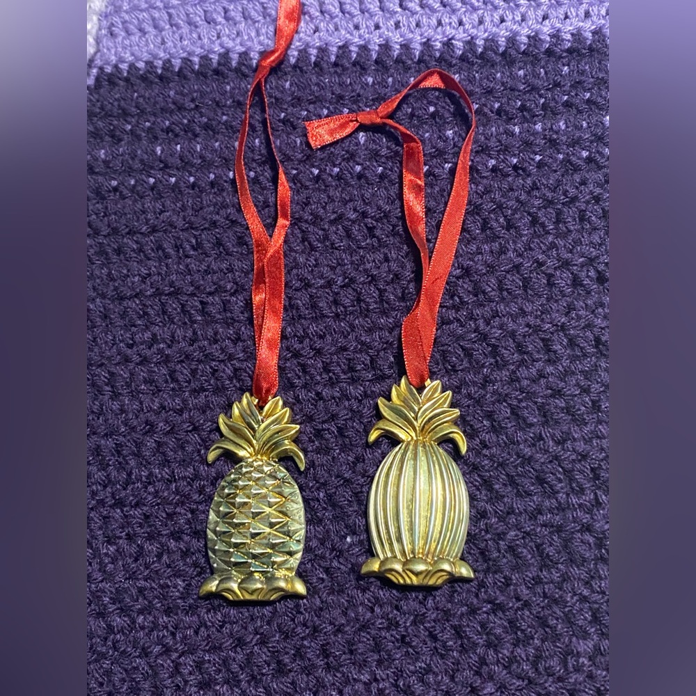 Gold Pineapple Holiday Ornament with Red Ribbon - Decorative Home Accent
